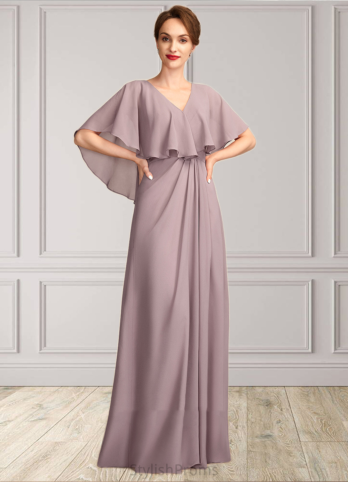 Ariel A-Line V-neck Floor-Length Chiffon Mother of the Bride Dress With Ruffle HQ126P0015026