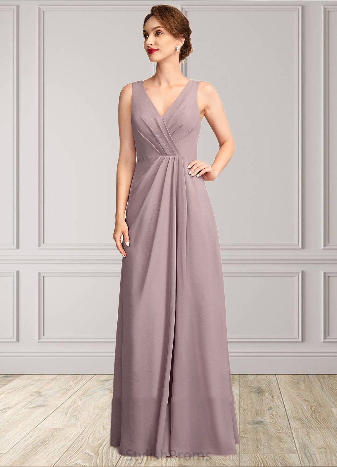 Ariel A-Line V-neck Floor-Length Chiffon Mother of the Bride Dress With Ruffle HQ126P0015026