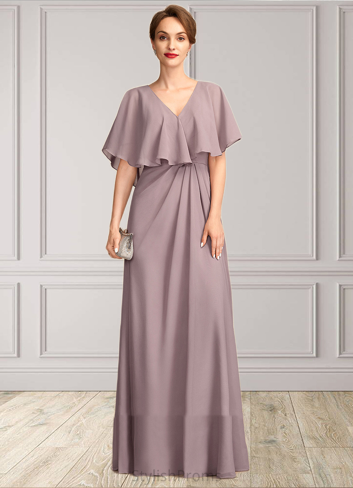 Ariel A-Line V-neck Floor-Length Chiffon Mother of the Bride Dress With Ruffle HQ126P0015026