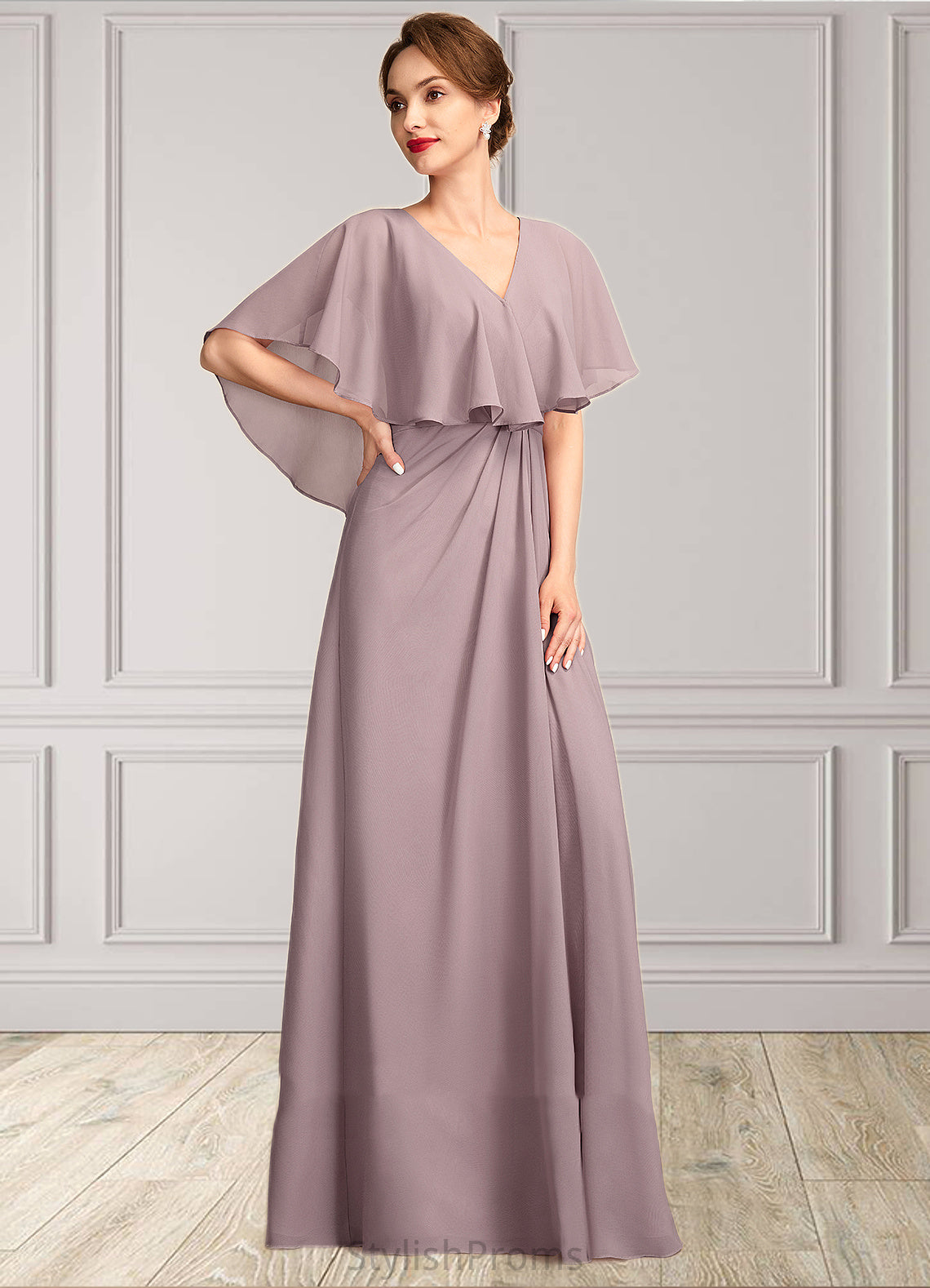 Ariel A-Line V-neck Floor-Length Chiffon Mother of the Bride Dress With Ruffle HQ126P0015026