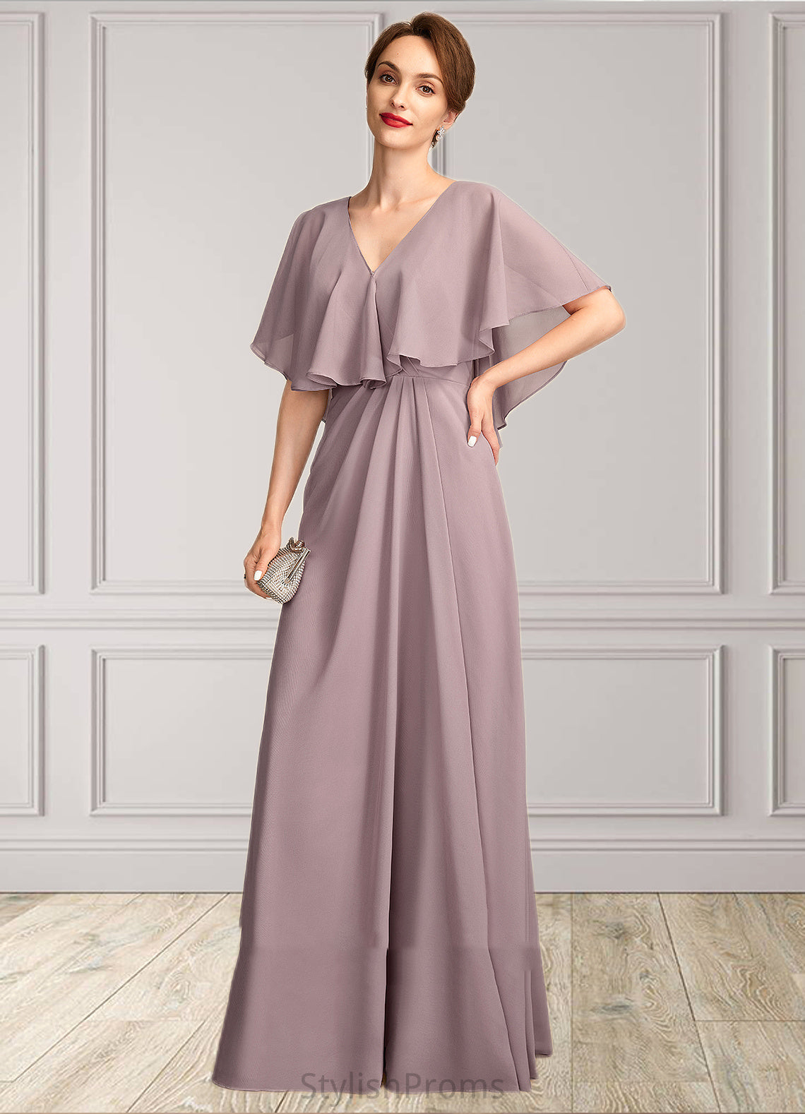 Ariel A-Line V-neck Floor-Length Chiffon Mother of the Bride Dress With Ruffle HQ126P0015026