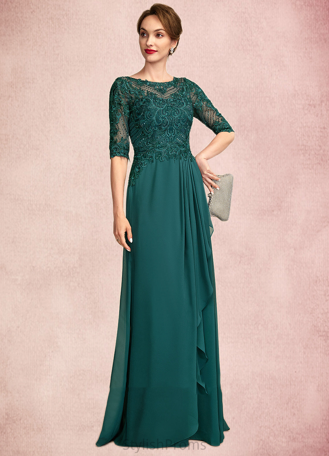 Lorelei A-Line Scoop Neck Floor-Length Chiffon Lace Mother of the Bride Dress With Beading Sequins Cascading Ruffles HQ126P0015027