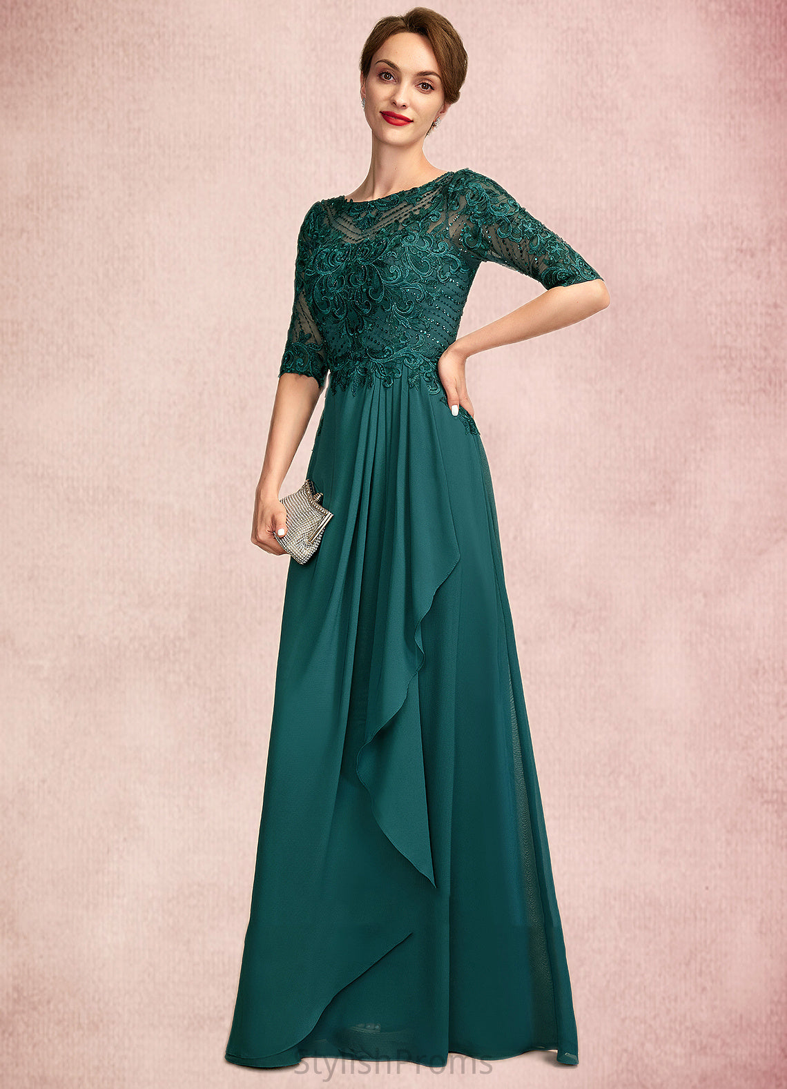 Lorelei A-Line Scoop Neck Floor-Length Chiffon Lace Mother of the Bride Dress With Beading Sequins Cascading Ruffles HQ126P0015027