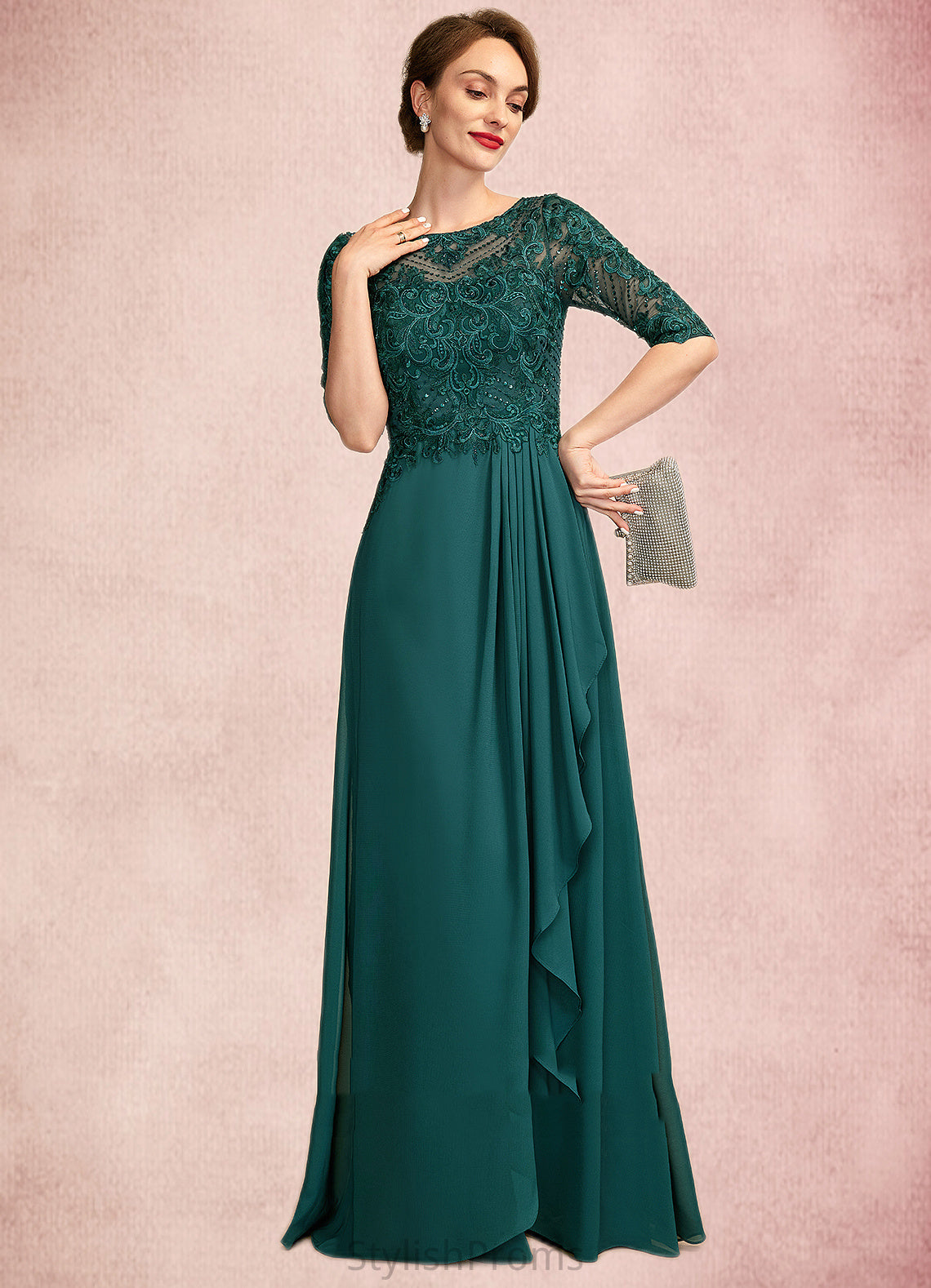 Lorelei A-Line Scoop Neck Floor-Length Chiffon Lace Mother of the Bride Dress With Beading Sequins Cascading Ruffles HQ126P0015027