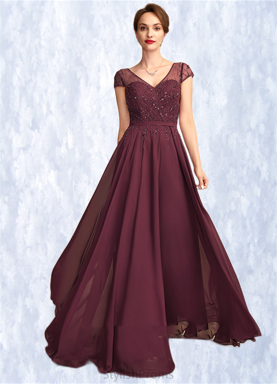 Giada A-Line V-neck Floor-Length Chiffon Mother of the Bride Dress With Beading Sequins HQ126P0015028