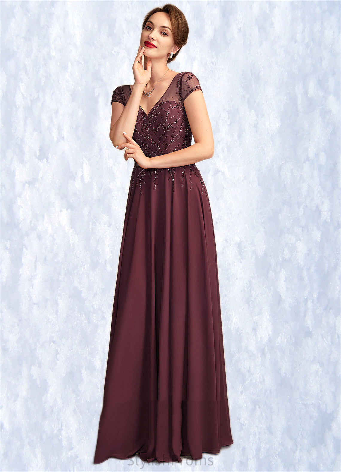 Giada A-Line V-neck Floor-Length Chiffon Mother of the Bride Dress With Beading Sequins HQ126P0015028