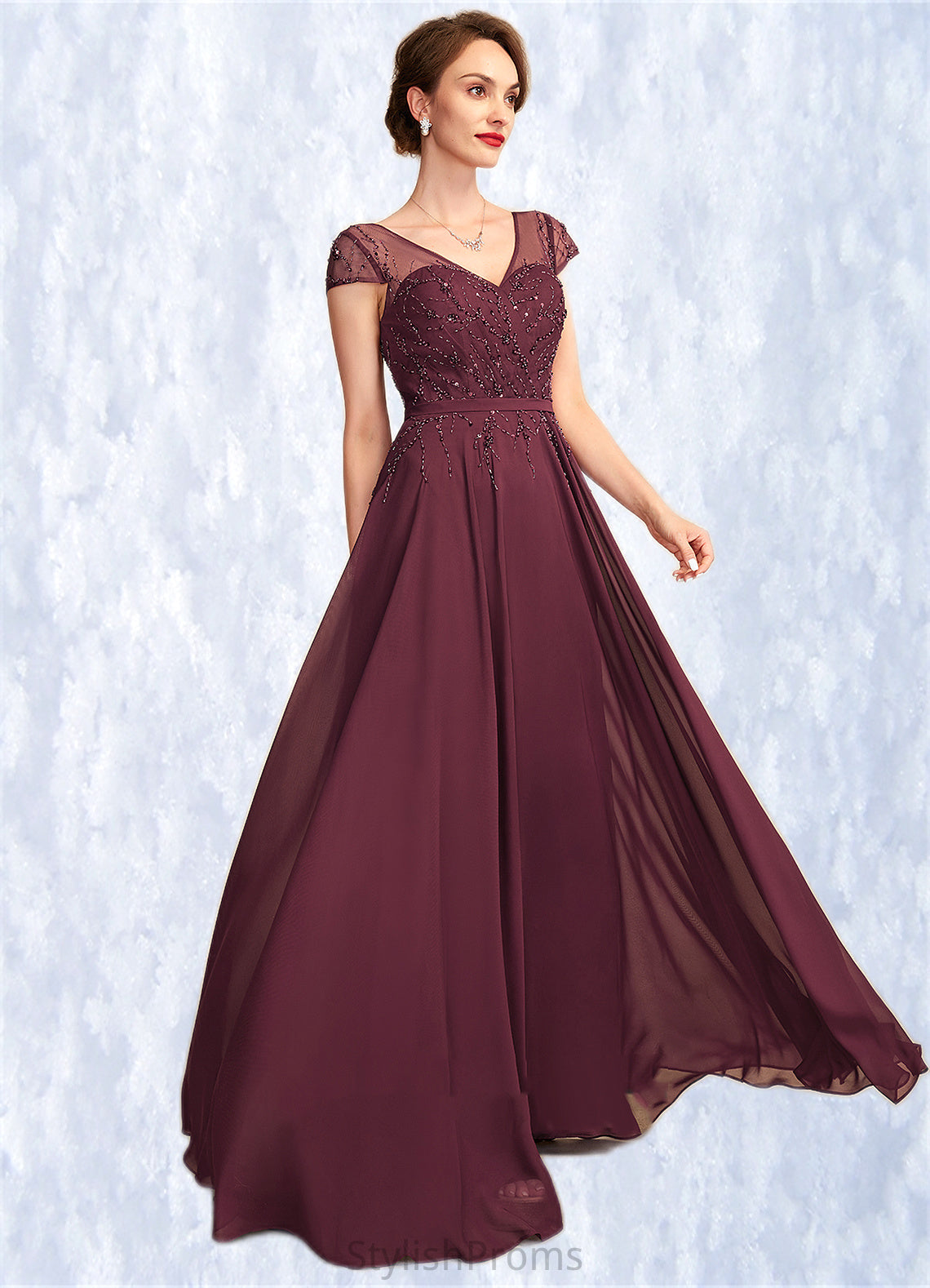 Giada A-Line V-neck Floor-Length Chiffon Mother of the Bride Dress With Beading Sequins HQ126P0015028