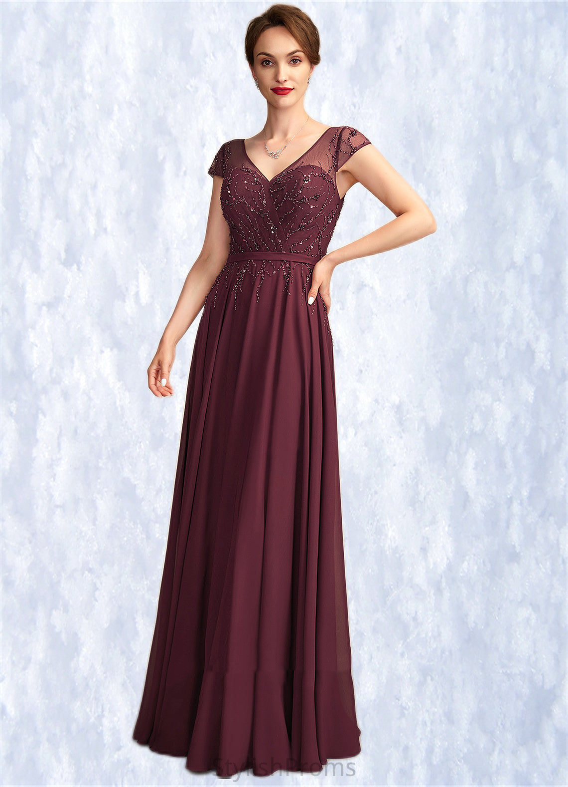 Giada A-Line V-neck Floor-Length Chiffon Mother of the Bride Dress With Beading Sequins HQ126P0015028