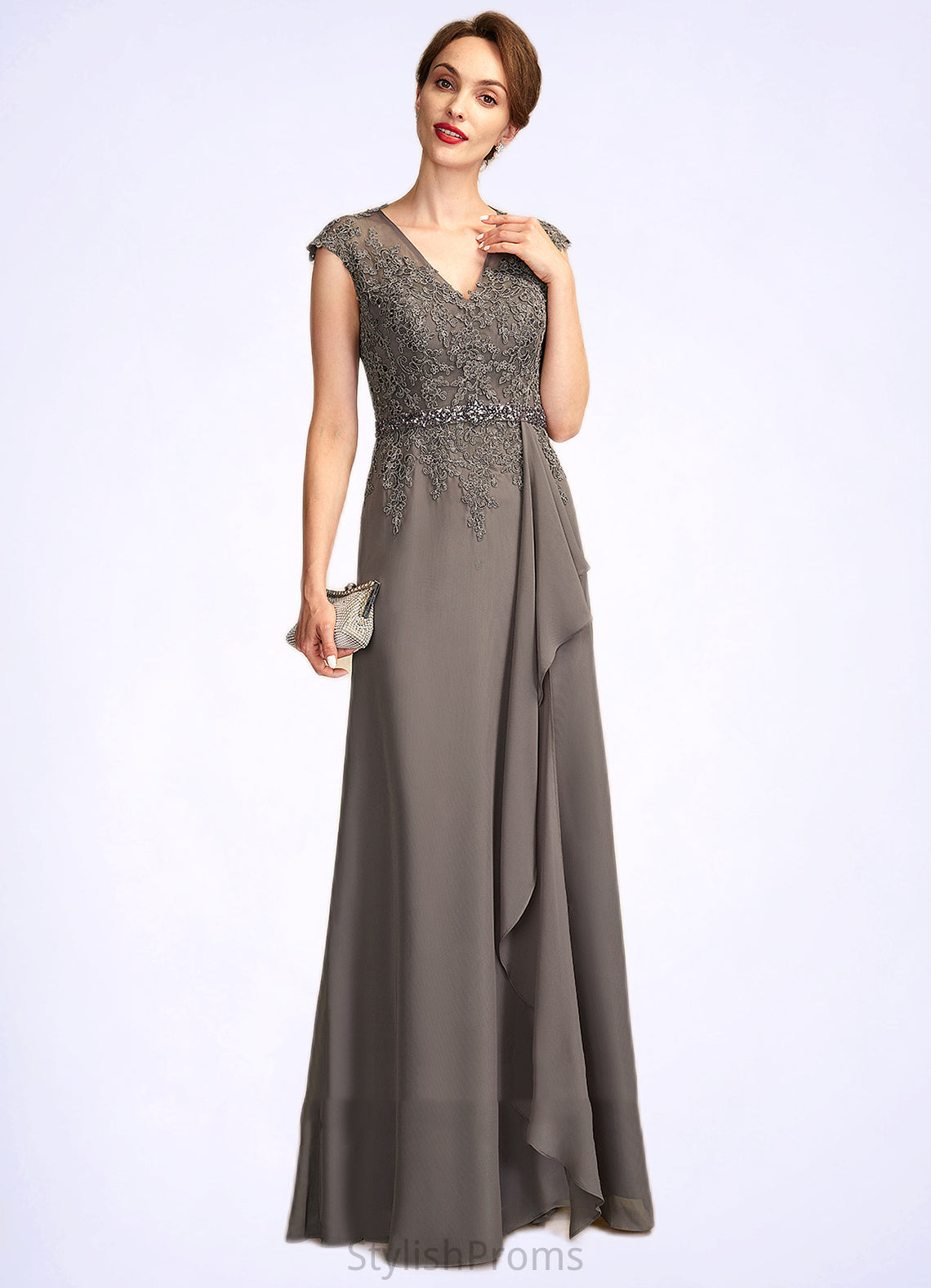 Joy A-Line V-neck Floor-Length Chiffon Lace Mother of the Bride Dress With Beading Sequins Cascading Ruffles HQ126P0015030