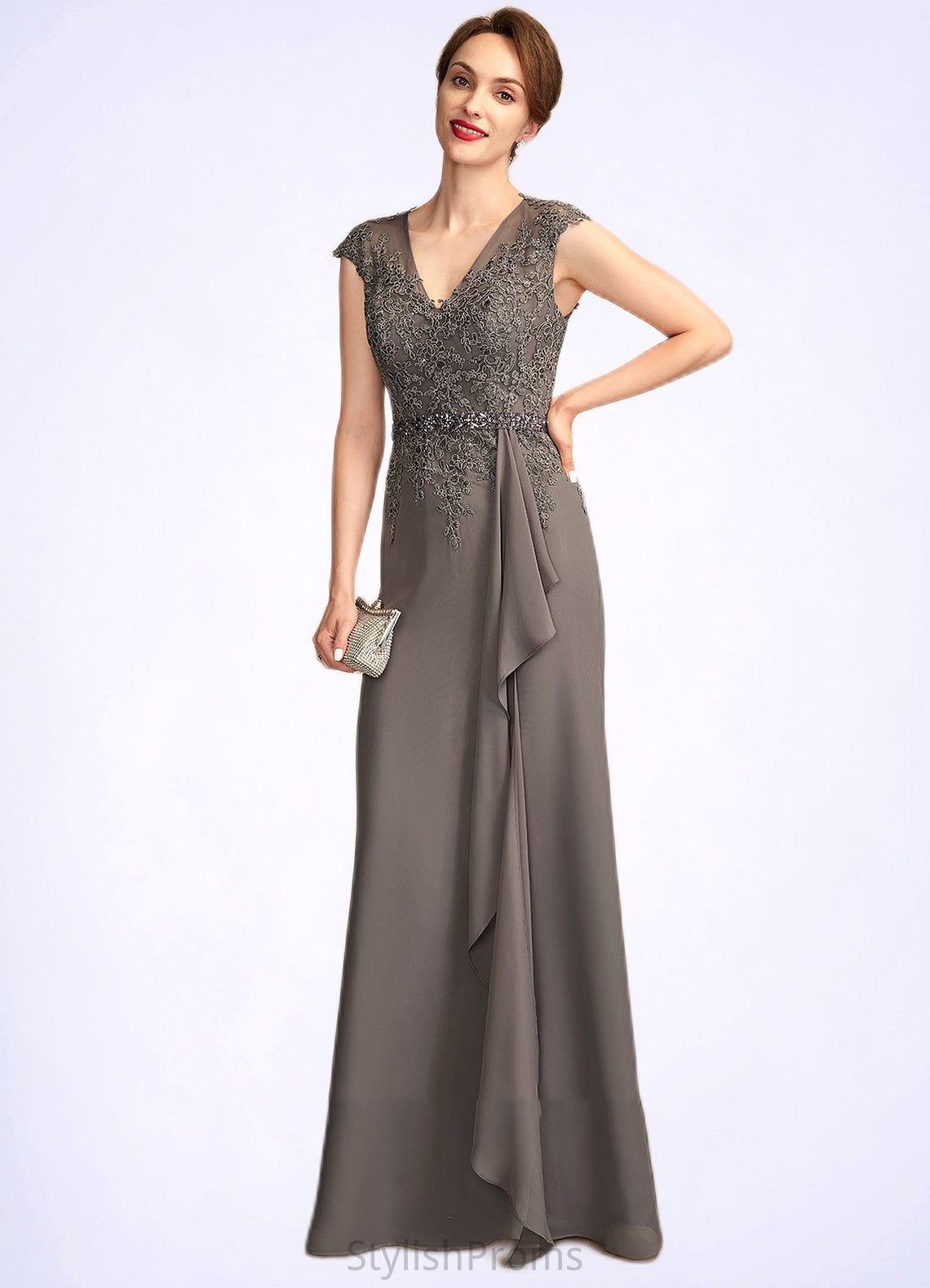 Joy A-Line V-neck Floor-Length Chiffon Lace Mother of the Bride Dress With Beading Sequins Cascading Ruffles HQ126P0015030