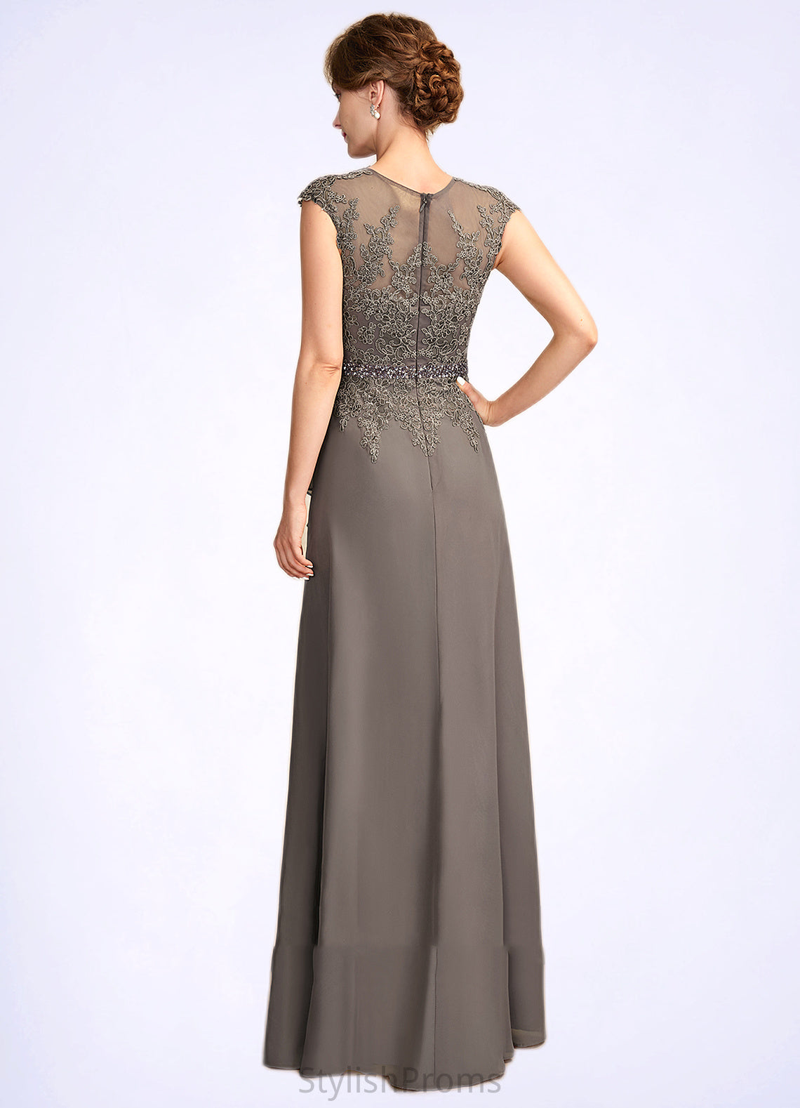 Joy A-Line V-neck Floor-Length Chiffon Lace Mother of the Bride Dress With Beading Sequins Cascading Ruffles HQ126P0015030