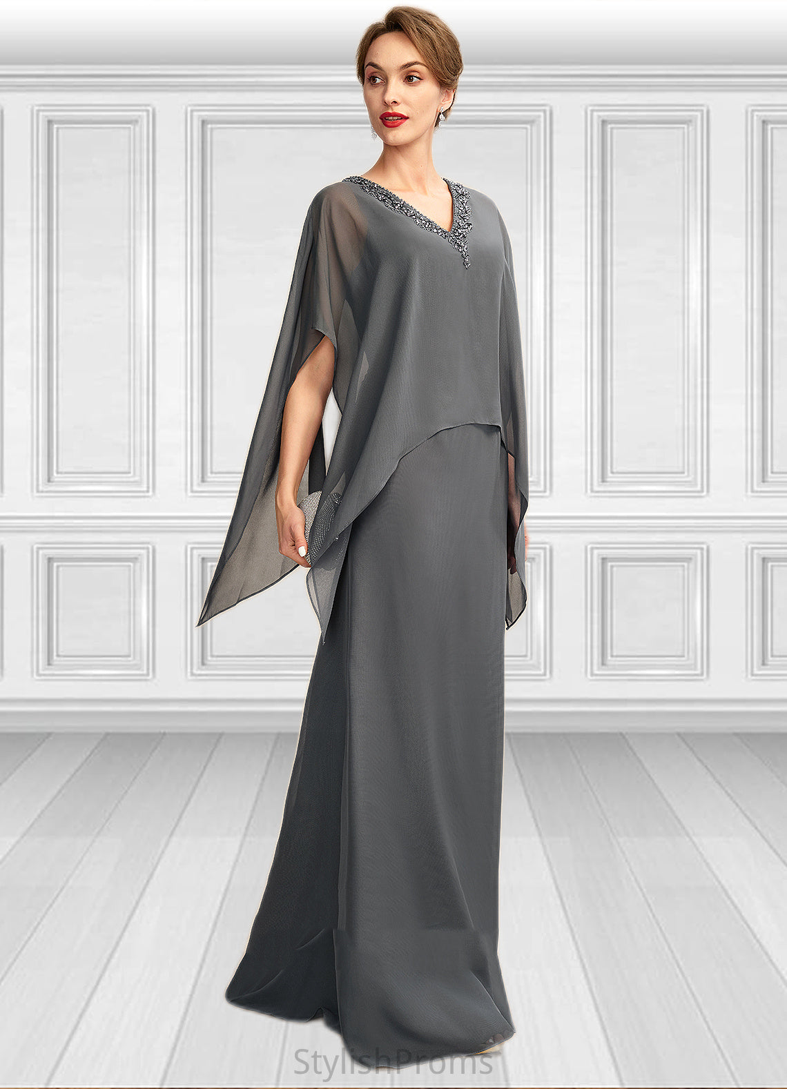 Zaniyah A-line V-Neck Floor-Length Chiffon Mother of the Bride Dress With Beading Sequins HQ126P0015031