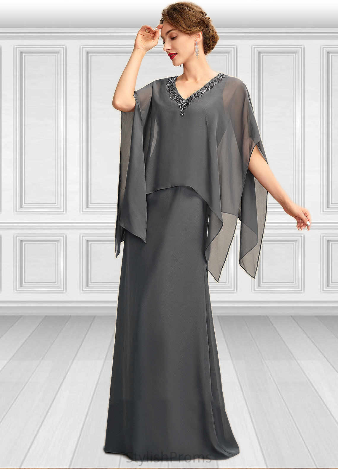 Zaniyah A-line V-Neck Floor-Length Chiffon Mother of the Bride Dress With Beading Sequins HQ126P0015031