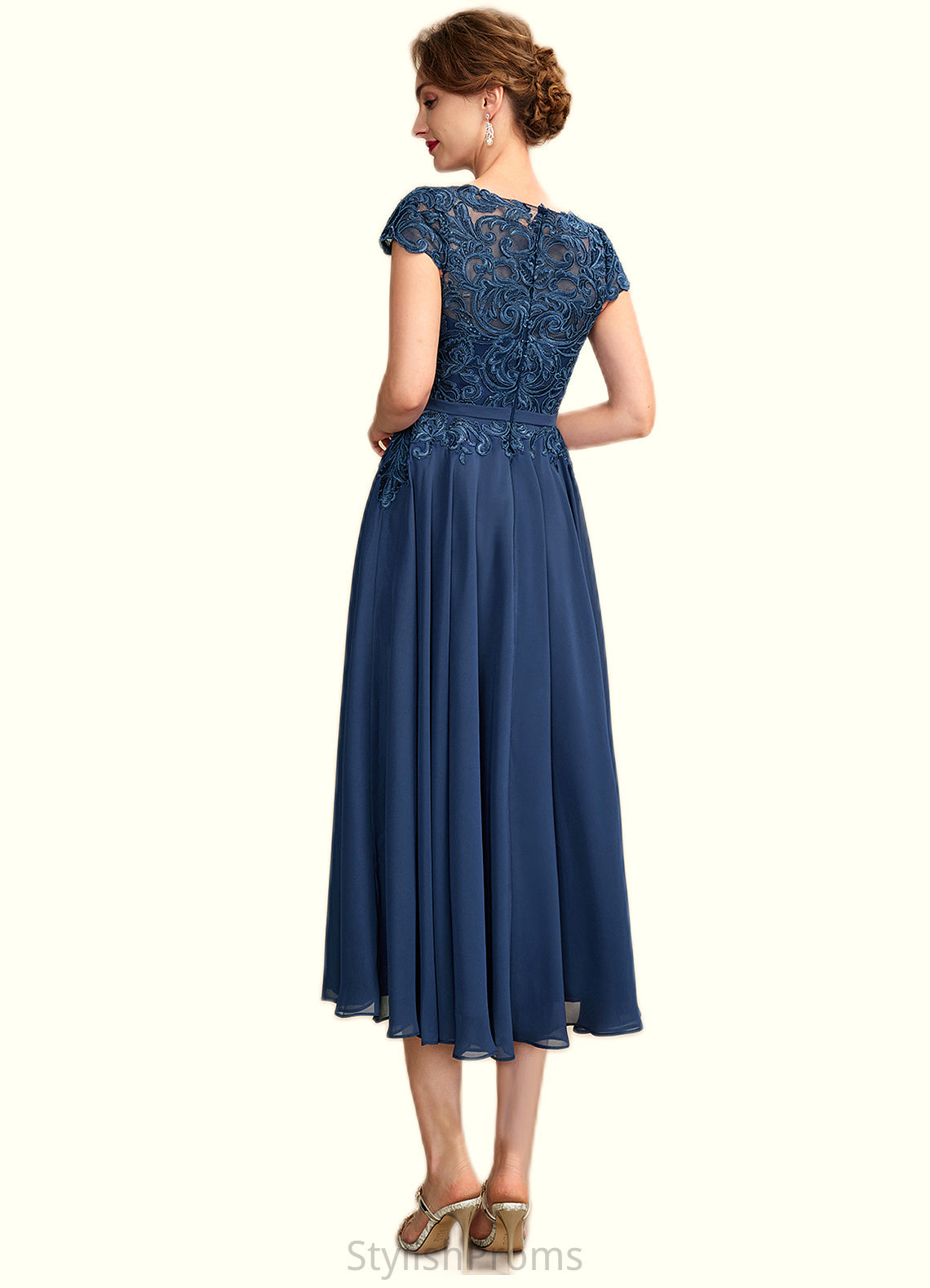 Maria A-Line Scoop Neck Tea-Length Chiffon Lace Mother of the Bride Dress HQ126P0015032