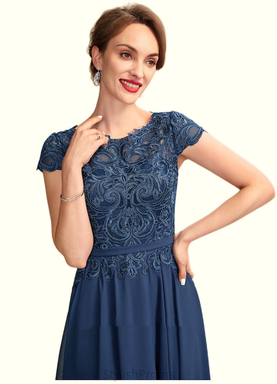 Maria A-Line Scoop Neck Tea-Length Chiffon Lace Mother of the Bride Dress HQ126P0015032