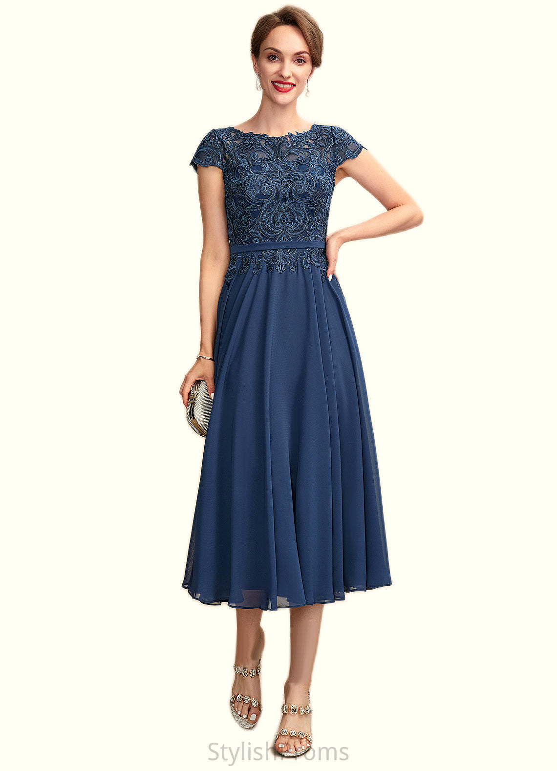 Maria A-Line Scoop Neck Tea-Length Chiffon Lace Mother of the Bride Dress HQ126P0015032