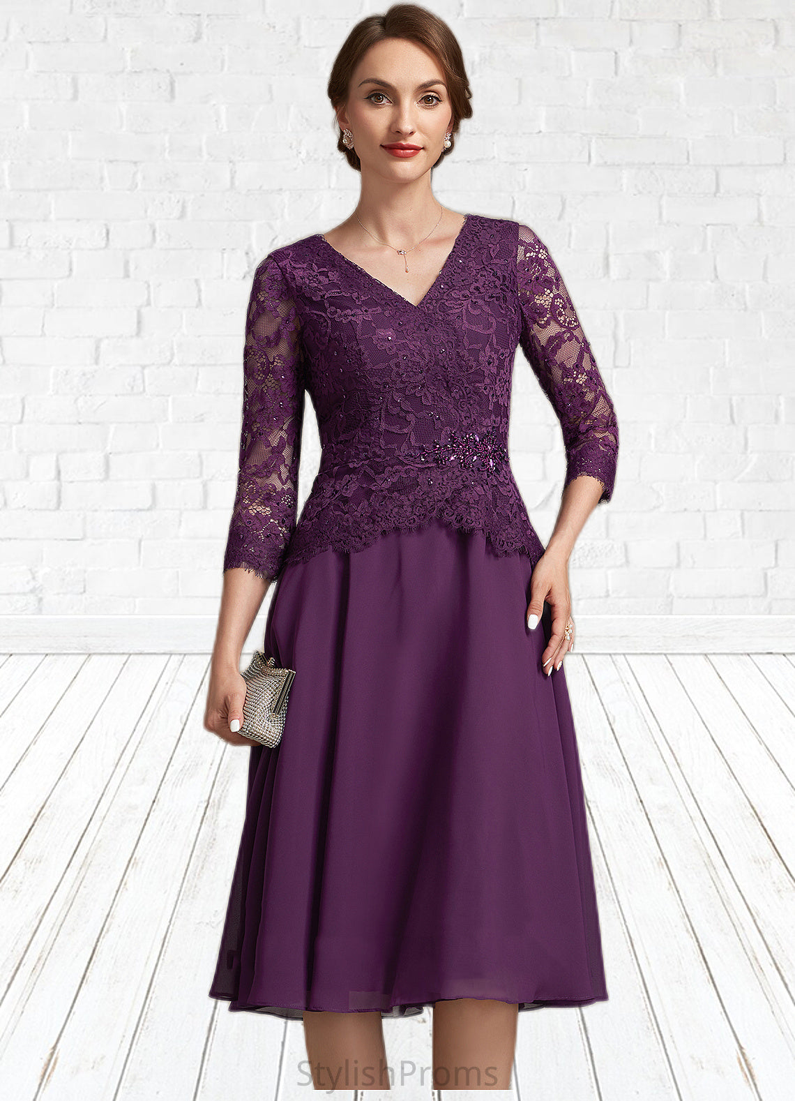 Jaycee A-Line V-neck Knee-Length Chiffon Lace Mother of the Bride Dress With Beading Sequins HQ126P0015035