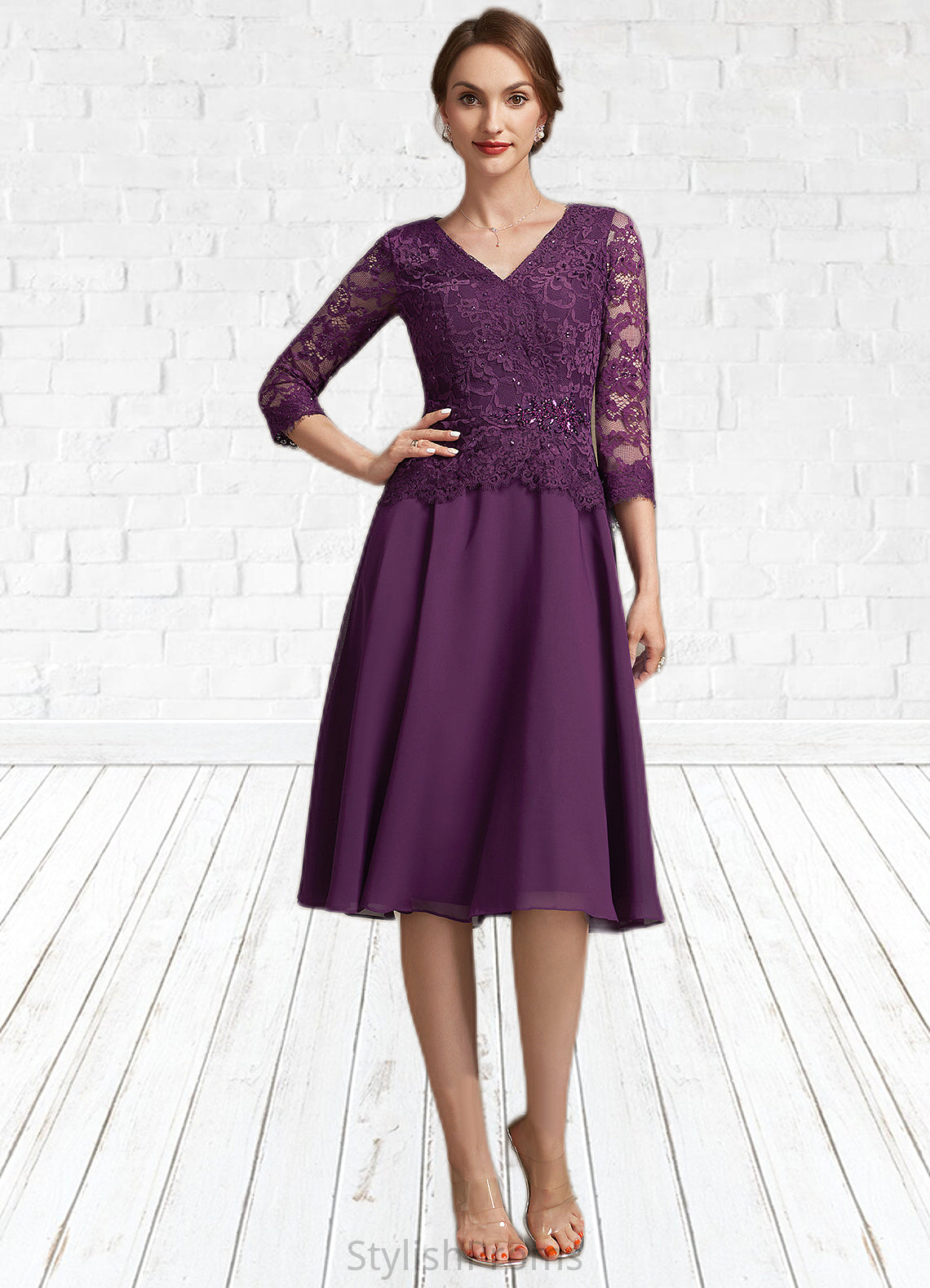 Jaycee A-Line V-neck Knee-Length Chiffon Lace Mother of the Bride Dress With Beading Sequins HQ126P0015035