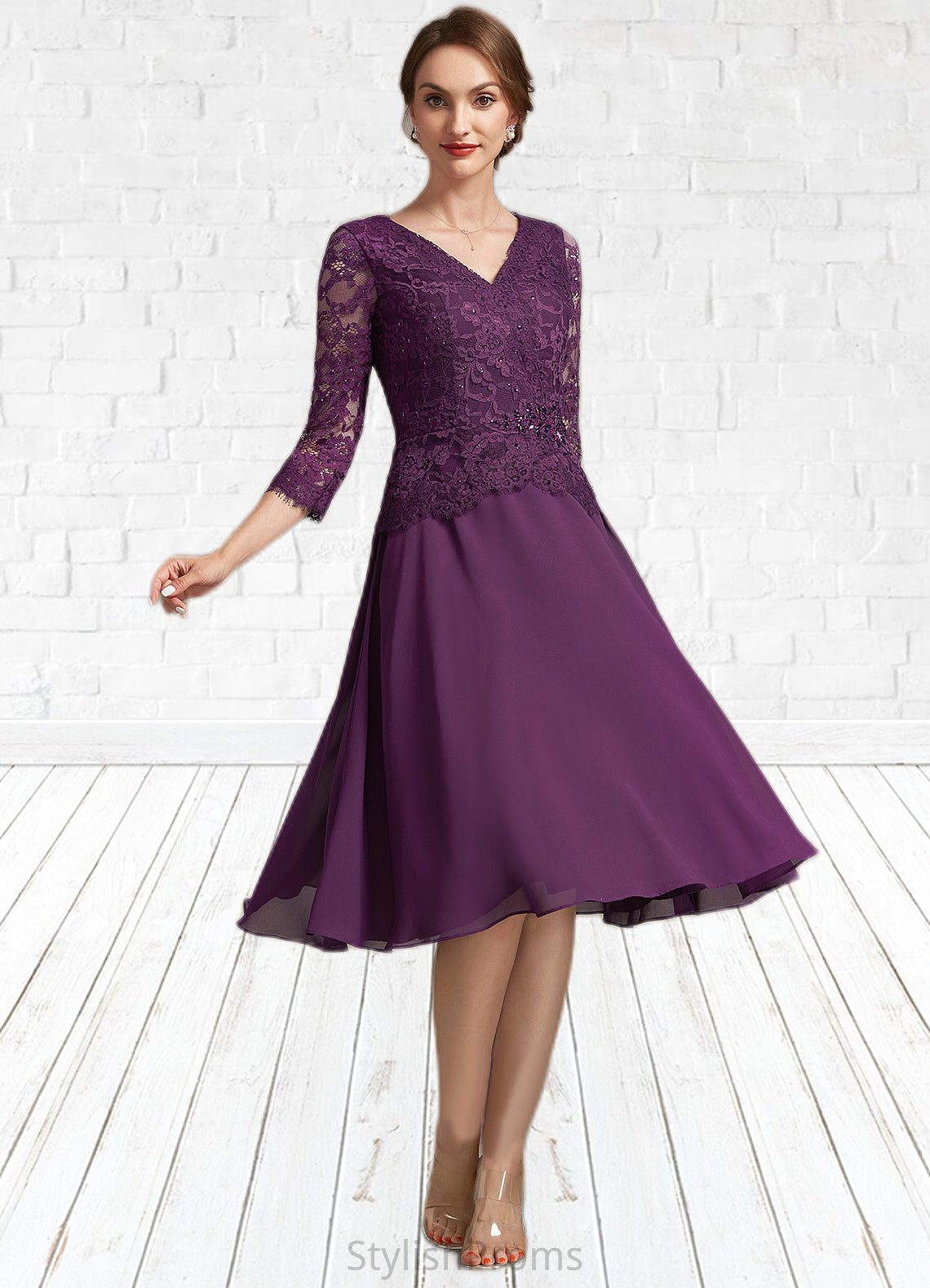 Jaycee A-Line V-neck Knee-Length Chiffon Lace Mother of the Bride Dress With Beading Sequins HQ126P0015035