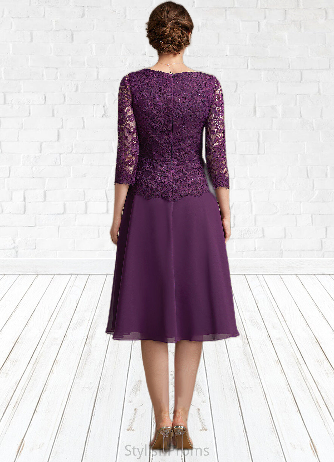 Jaycee A-Line V-neck Knee-Length Chiffon Lace Mother of the Bride Dress With Beading Sequins HQ126P0015035