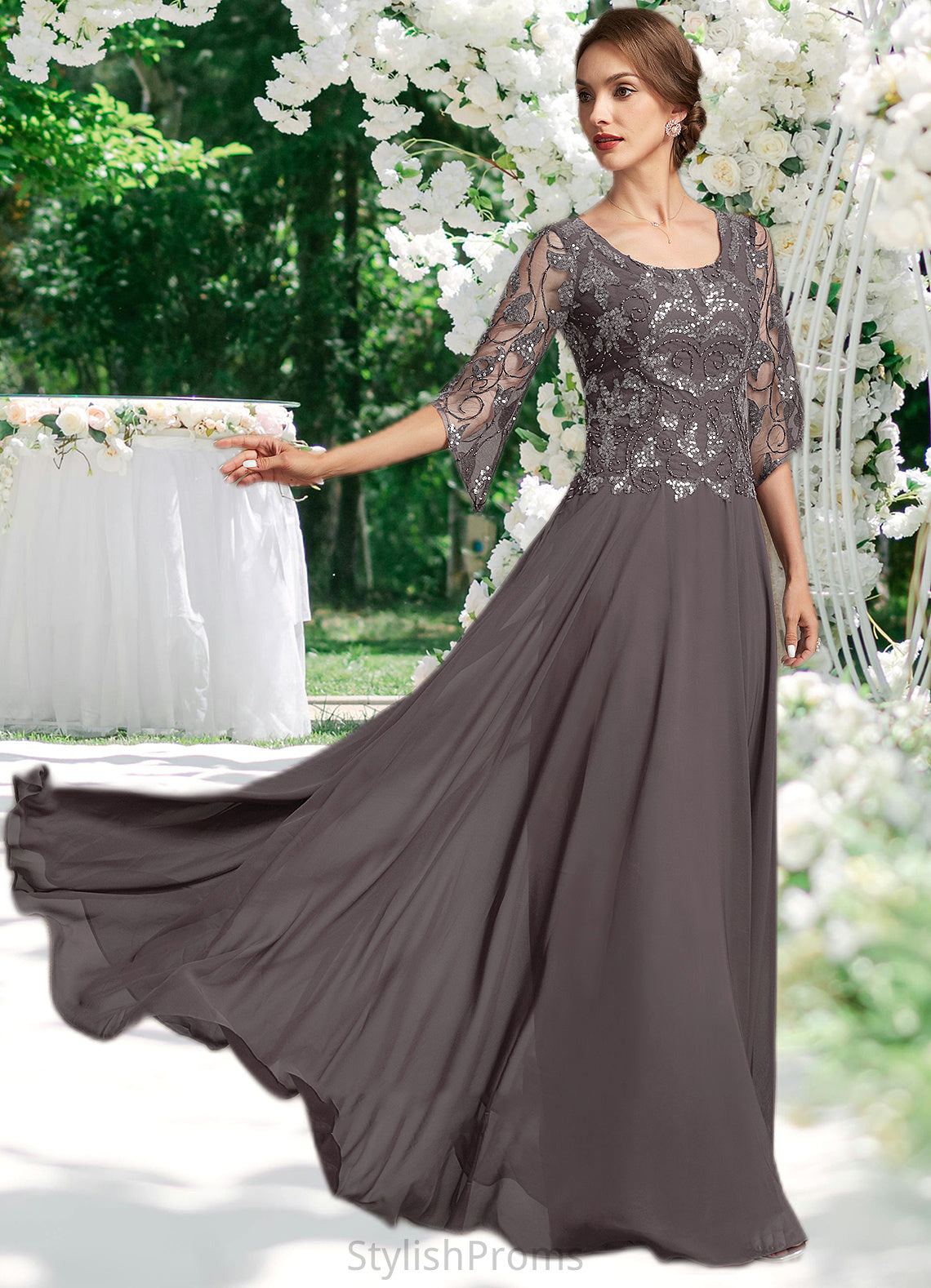 Paisley A-Line Scoop Neck Floor-Length Chiffon Lace Mother of the Bride Dress With Beading Sequins HQ126P0015036