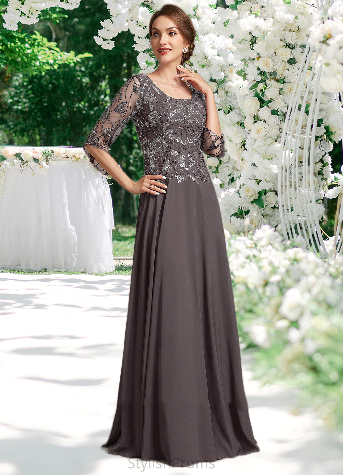 Paisley A-Line Scoop Neck Floor-Length Chiffon Lace Mother of the Bride Dress With Beading Sequins HQ126P0015036