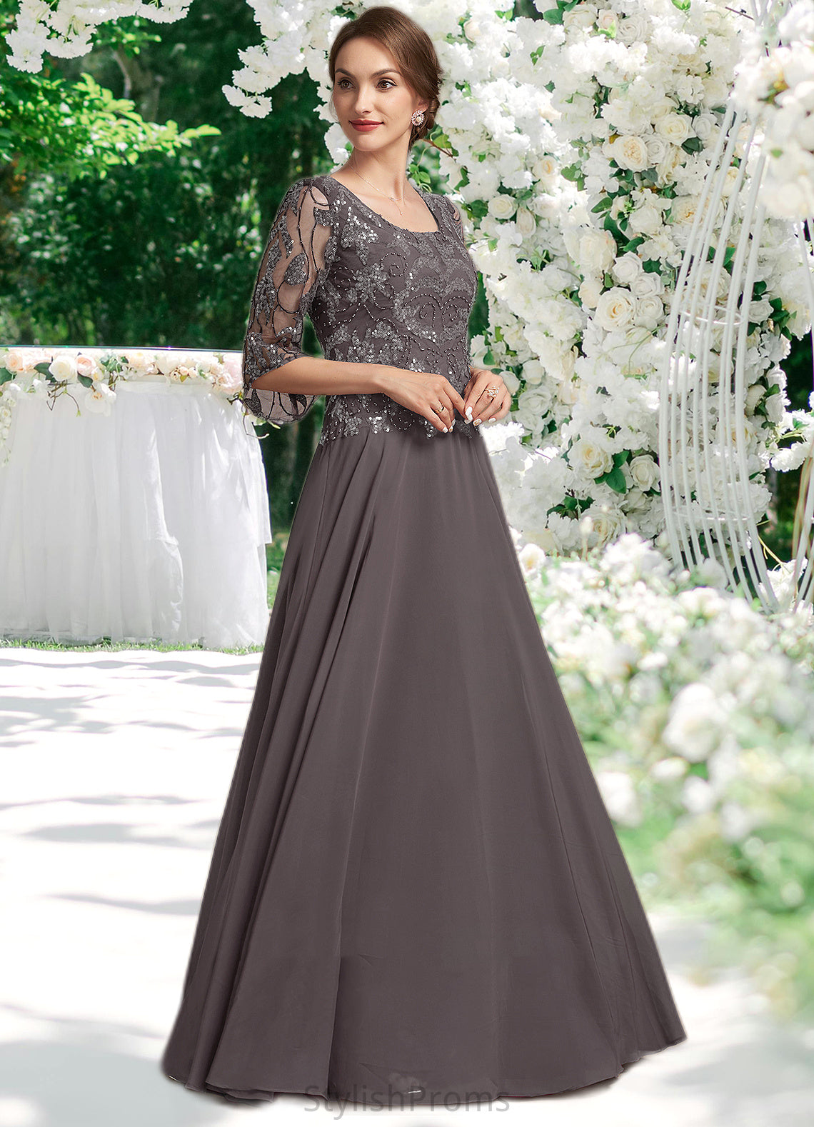 Paisley A-Line Scoop Neck Floor-Length Chiffon Lace Mother of the Bride Dress With Beading Sequins HQ126P0015036