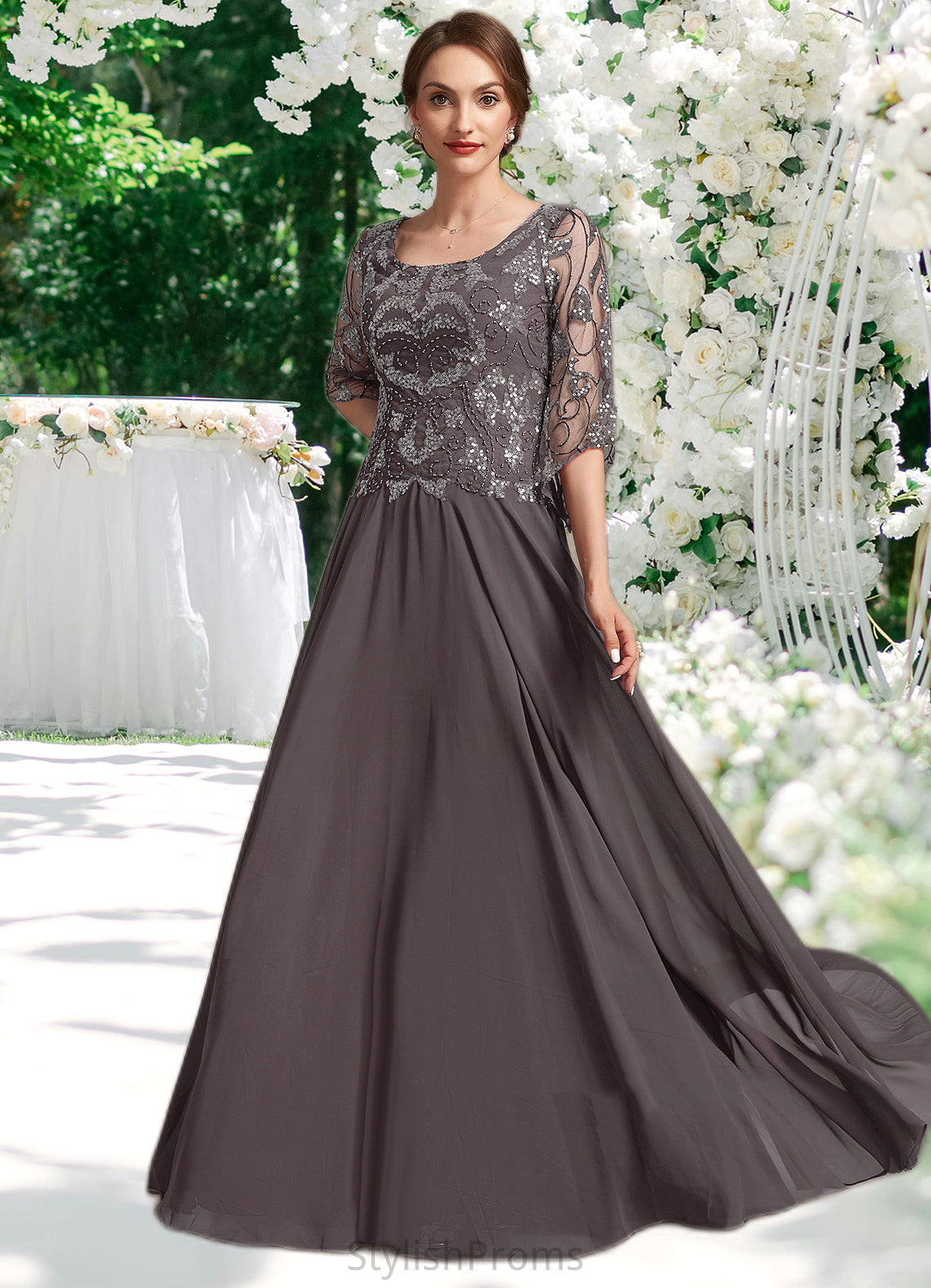 Paisley A-Line Scoop Neck Floor-Length Chiffon Lace Mother of the Bride Dress With Beading Sequins HQ126P0015036