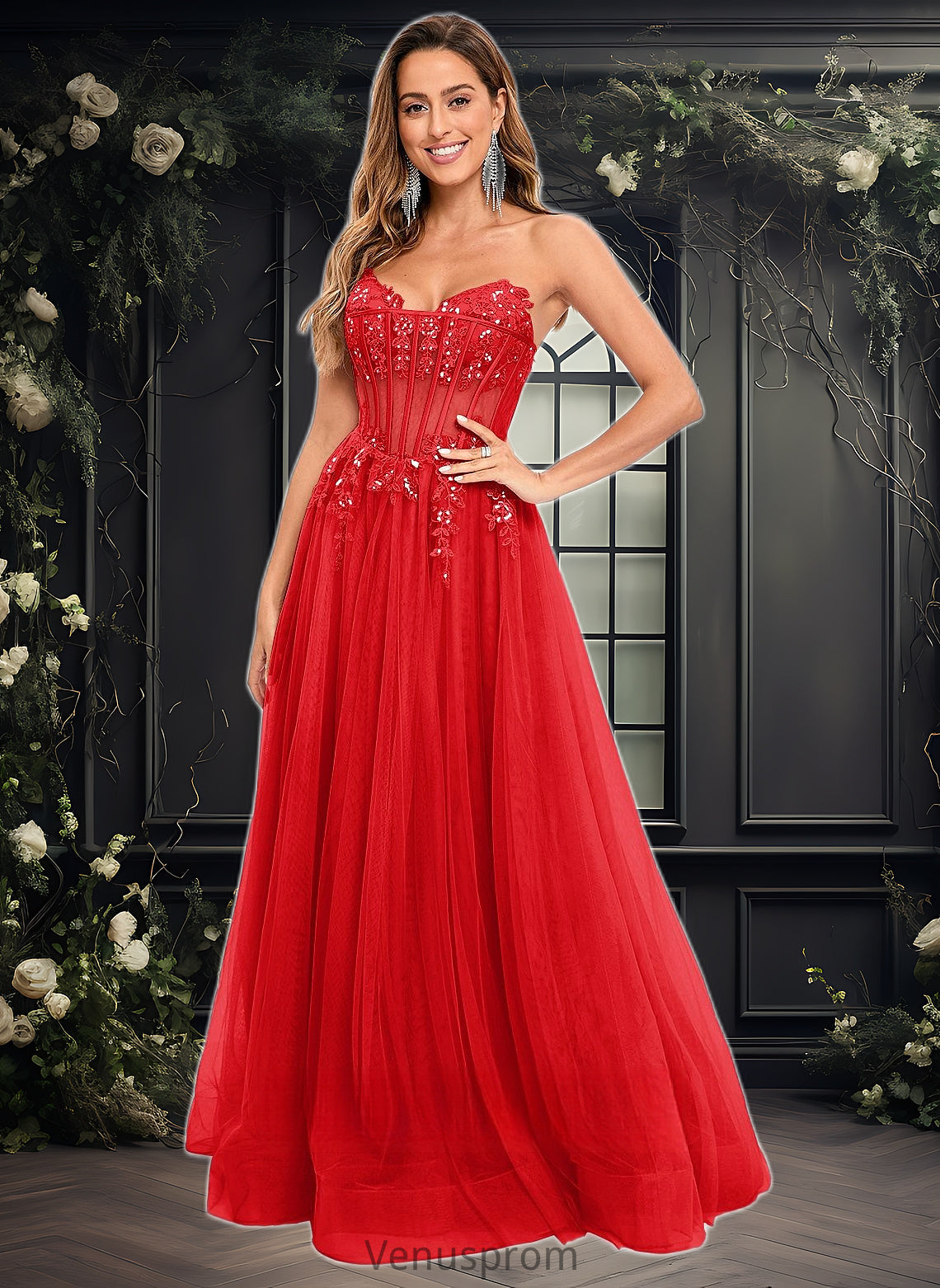 Julie Ball-Gown/Princess V-Neck Floor-Length Tulle Prom Dresses With Sequins Appliques Lace HQP0025837