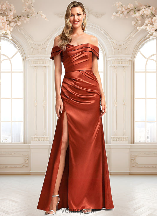 Patience A-line Off the Shoulder Floor-Length Stretch Satin Bridesmaid Dress HQP0025757