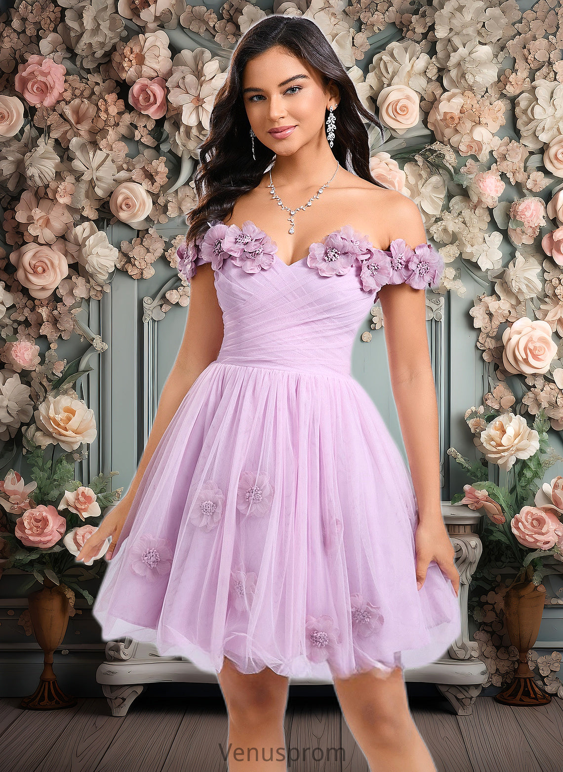 Adrienne Ball-Gown/Princess Off the Shoulder Short Tulle Homecoming Dress With Pleated Flower HQP0025668