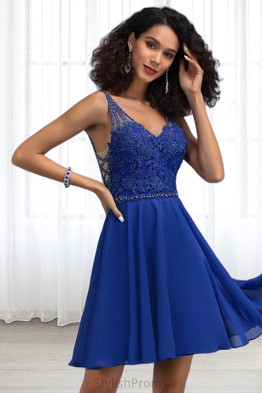 Alani A-line V-Neck Short/Mini Chiffon Lace Homecoming Dress With Beading HQP0020563