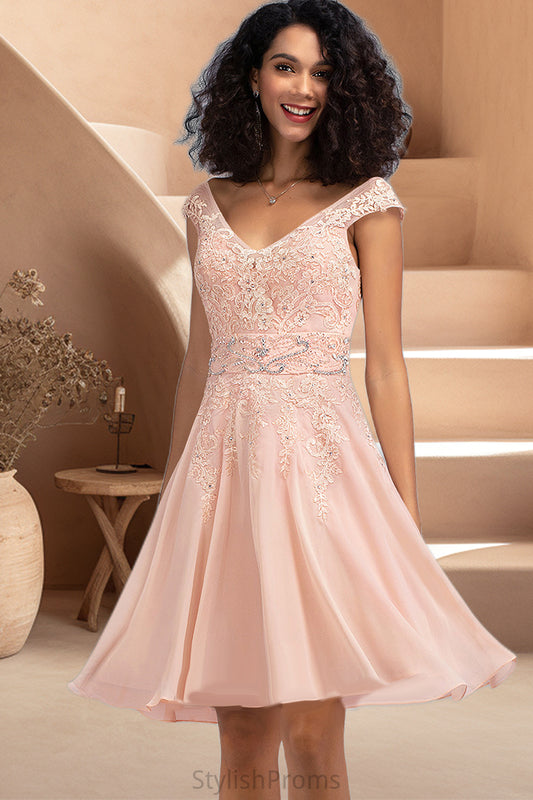 Lilianna A-line V-Neck Knee-Length Chiffon Lace Homecoming Dress With Beading HQP0020565