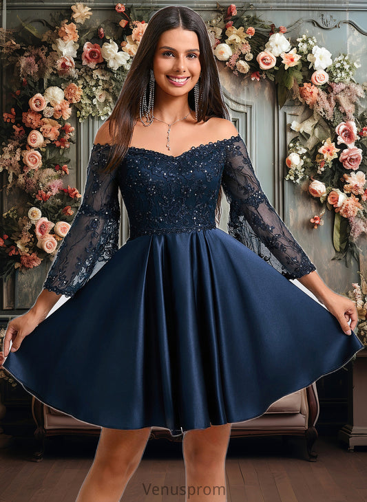 Nyla A-line Off the Shoulder Short Satin Homecoming Dress With Sequins HQP0025651