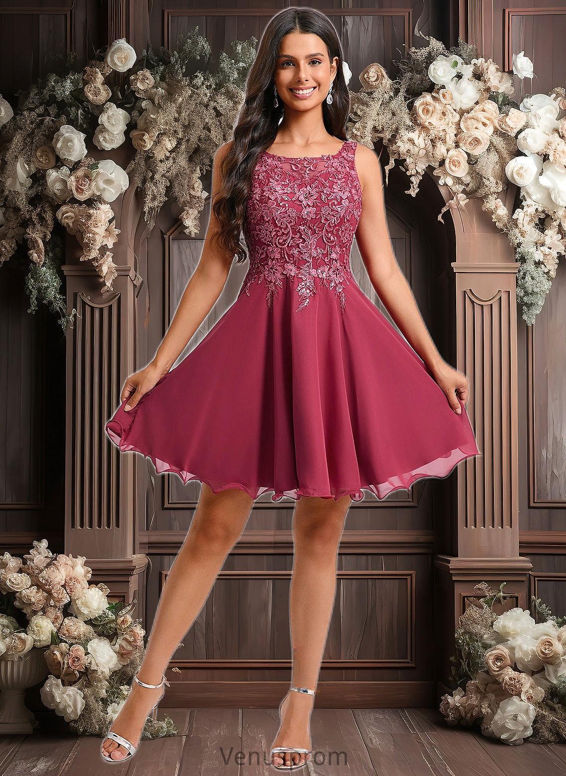 Quinn A-line Scoop Short Chiffon Homecoming Dress With Sequins Appliques Lace HQP0025681