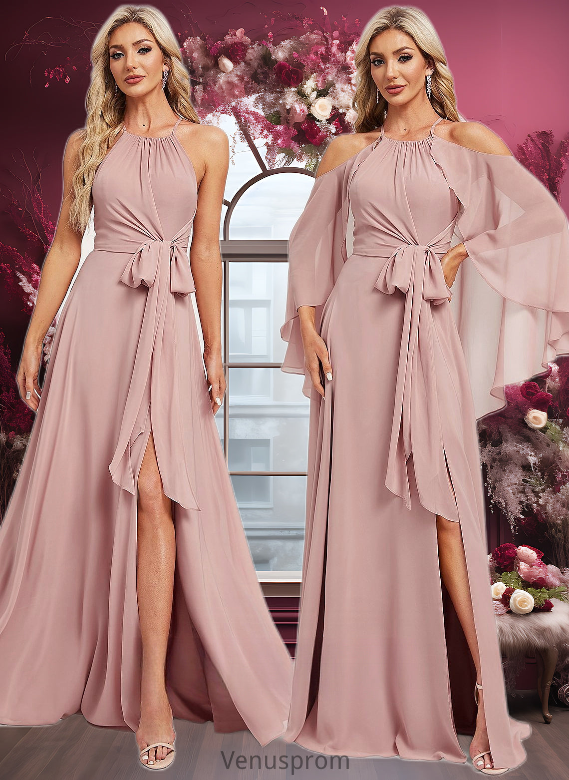 Dominique A-line Halter Floor-Length Chiffon Bridesmaid Dress HQP0025821