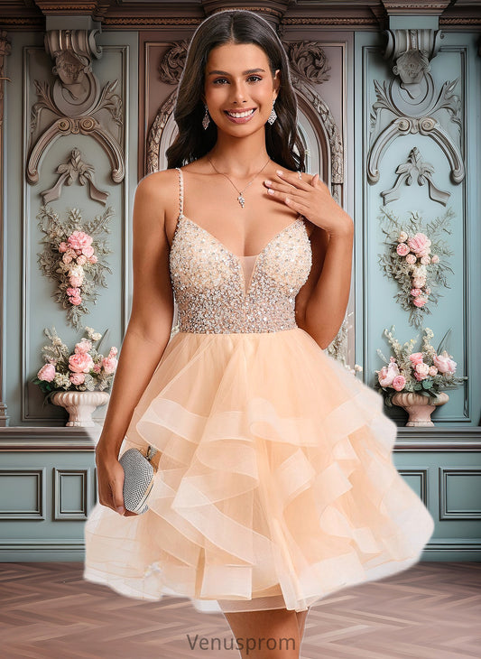 Everly Ball-Gown/Princess V-Neck Short Tulle Homecoming Dress With Beading Sequins HQP0025646