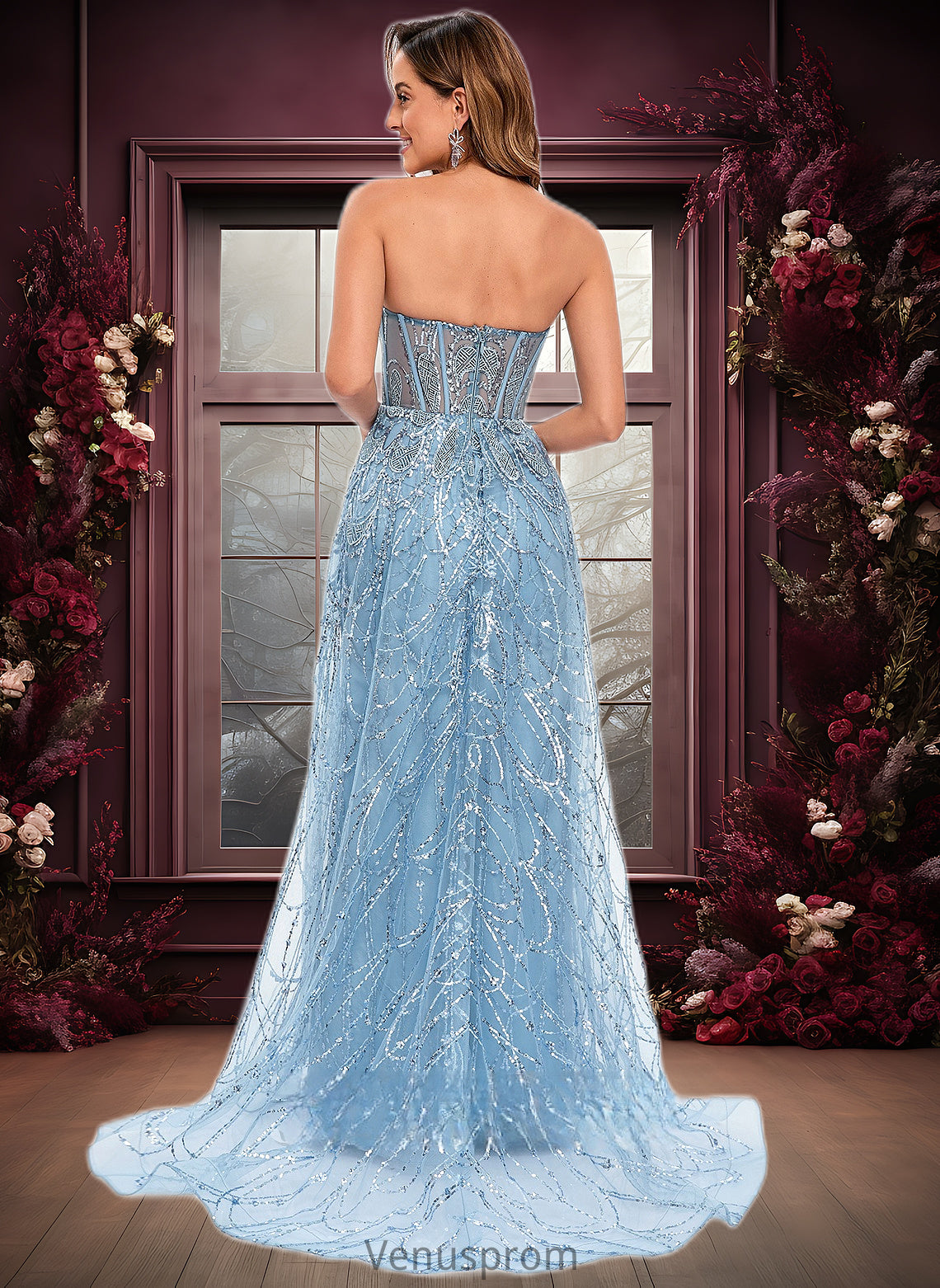 Keyla Sheath/Column Sweetheart Sweep Train Sequin Tulle Prom Dresses With Sequins HQP0025860