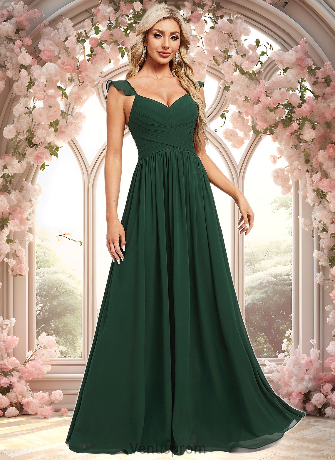 Jade A-line V-Neck Floor-Length Chiffon Bridesmaid Dress With Ruffle HQP0025811