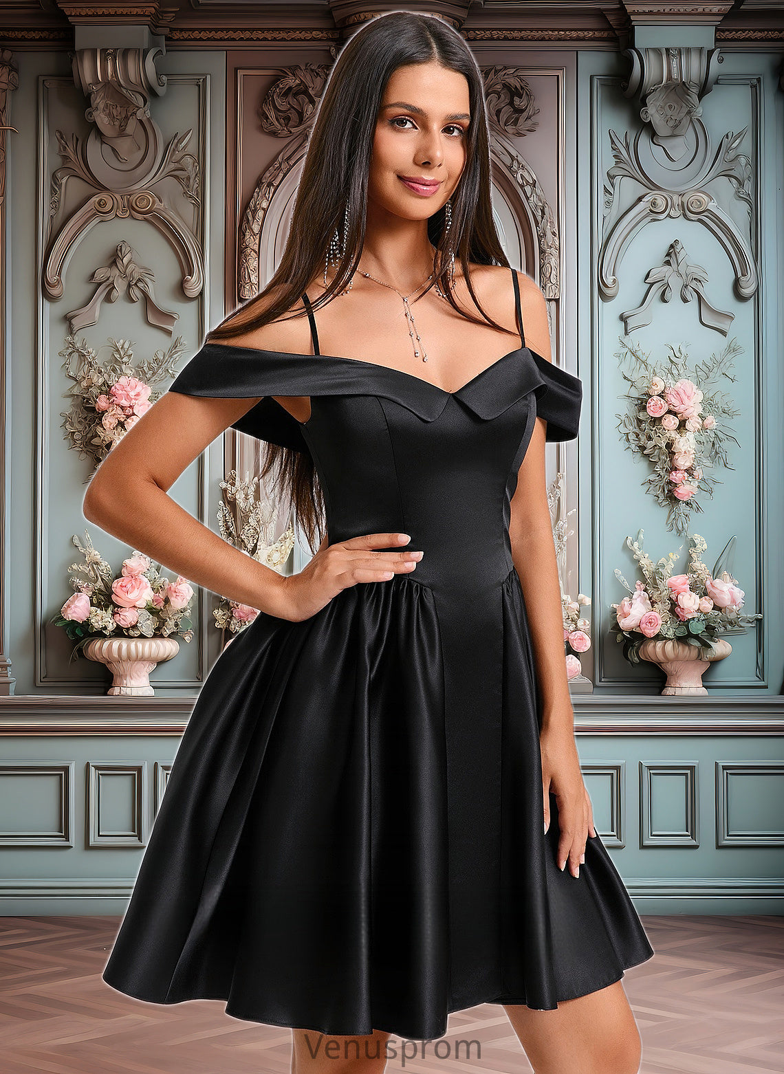 Cadence A-line Off the Shoulder Short Satin Homecoming Dress HQP0025704