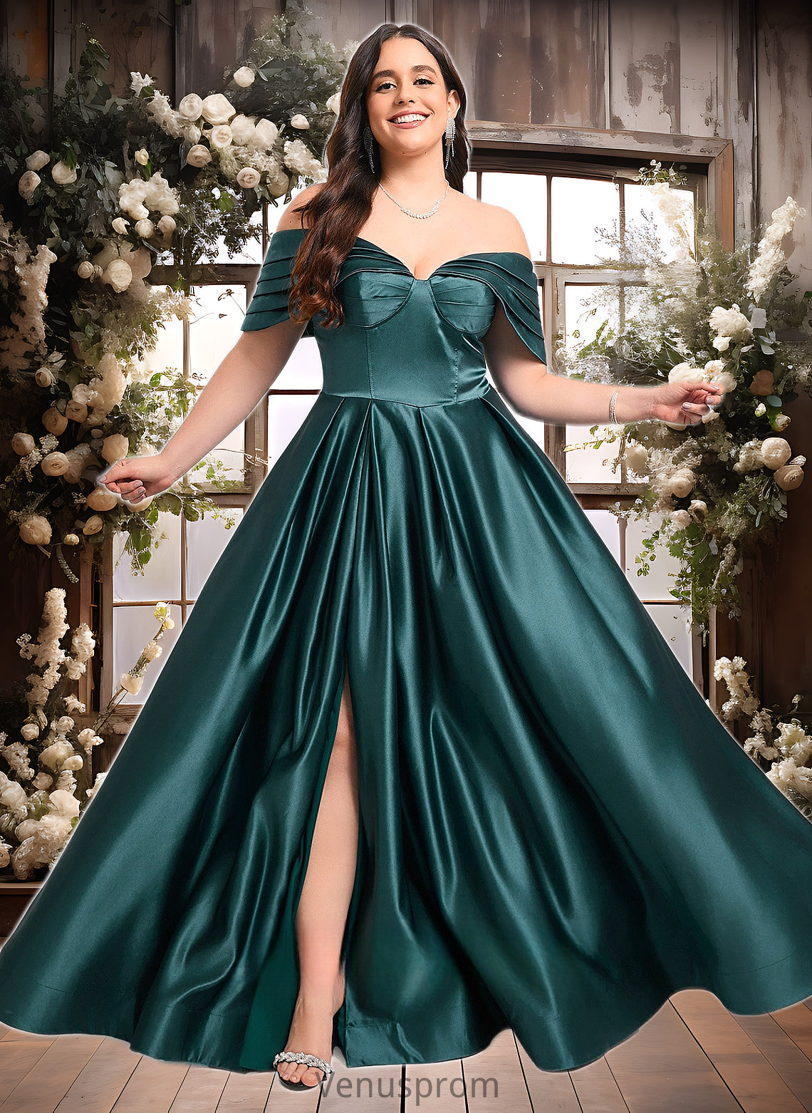 Cheryl A-line Off the Shoulder Floor-Length Satin Prom Dresses With Pleated HQP0025851