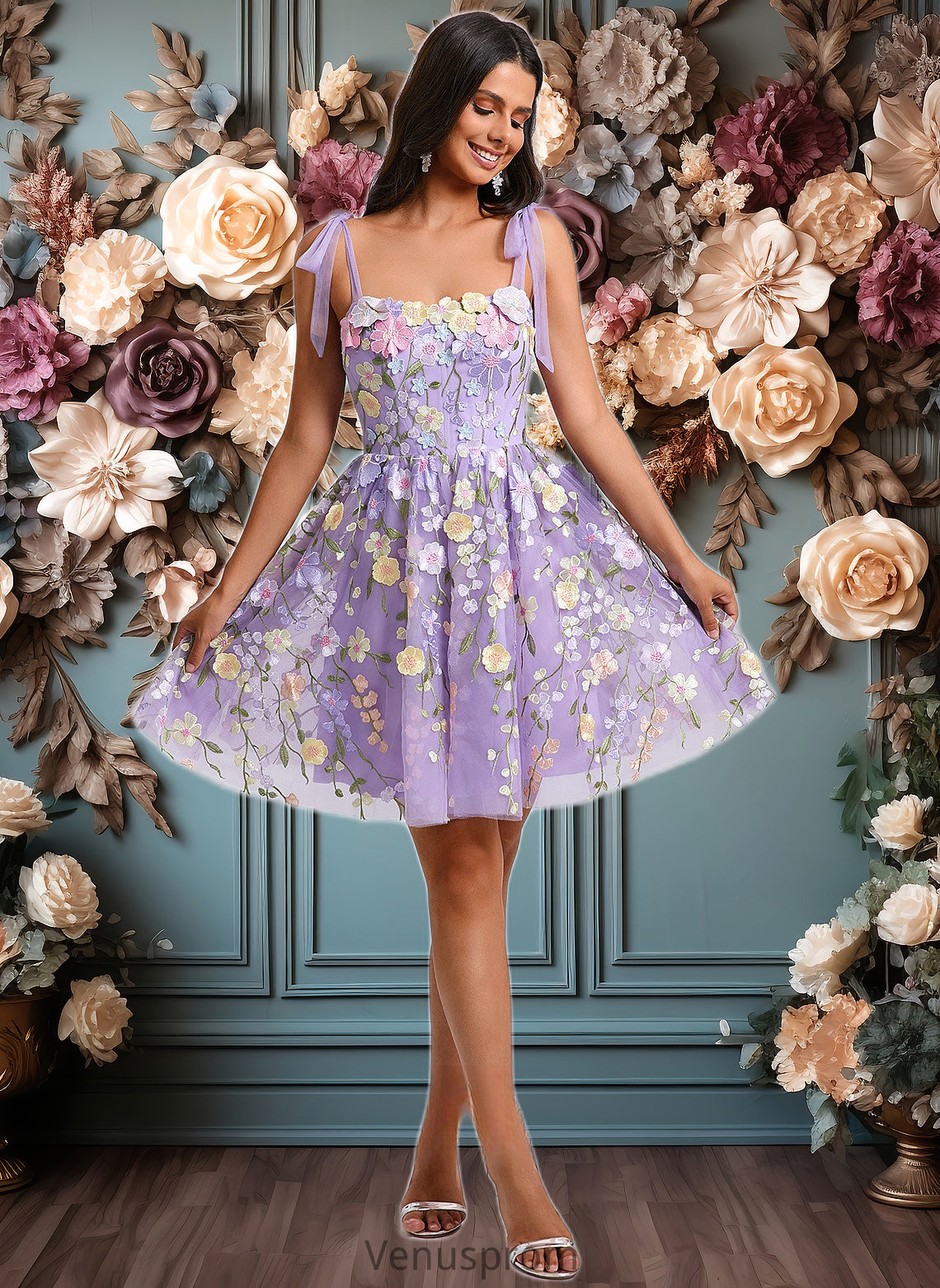 Mildred A-line Scoop Short Floral Lace Homecoming Dress With Bow 3D Floral HQP0025695