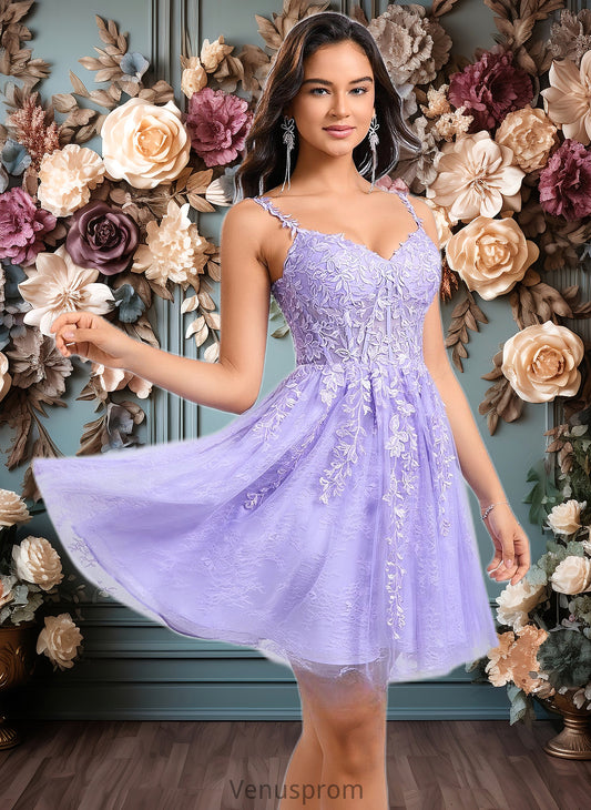 Erica A-line V-Neck Short Tulle Lace Homecoming Dress HQP0025640