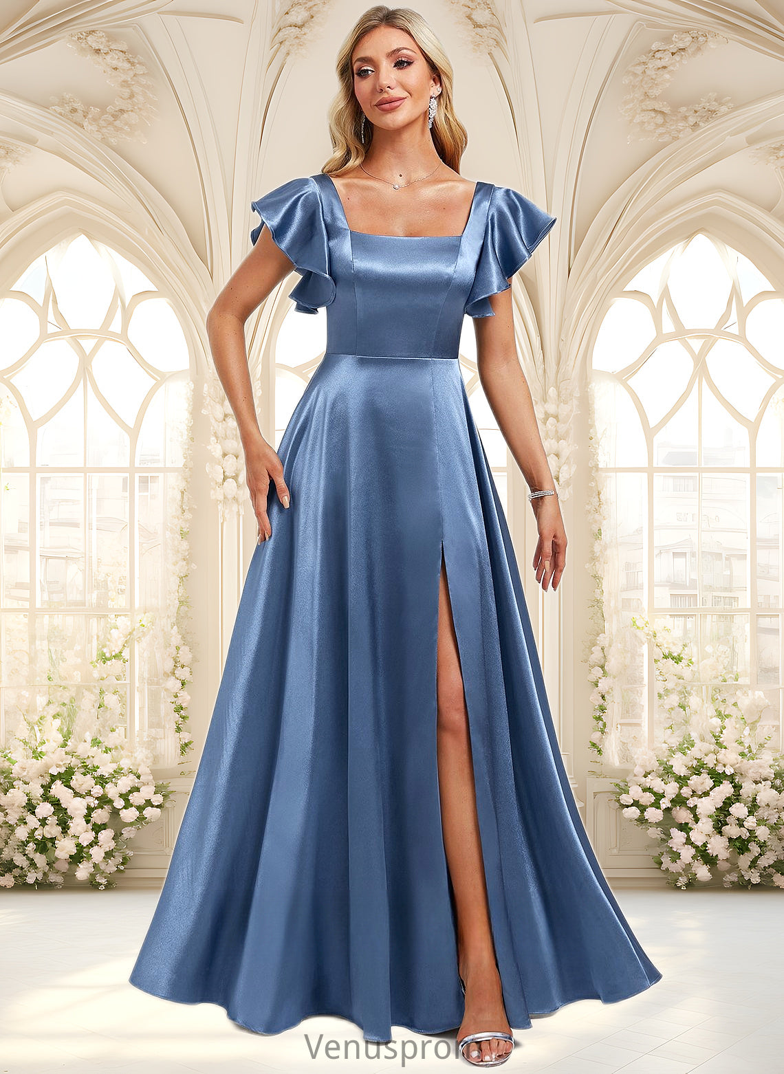 Shaniya A-line Square Floor-Length Stretch Satin Bridesmaid Dress With Ruffle HQP0025769