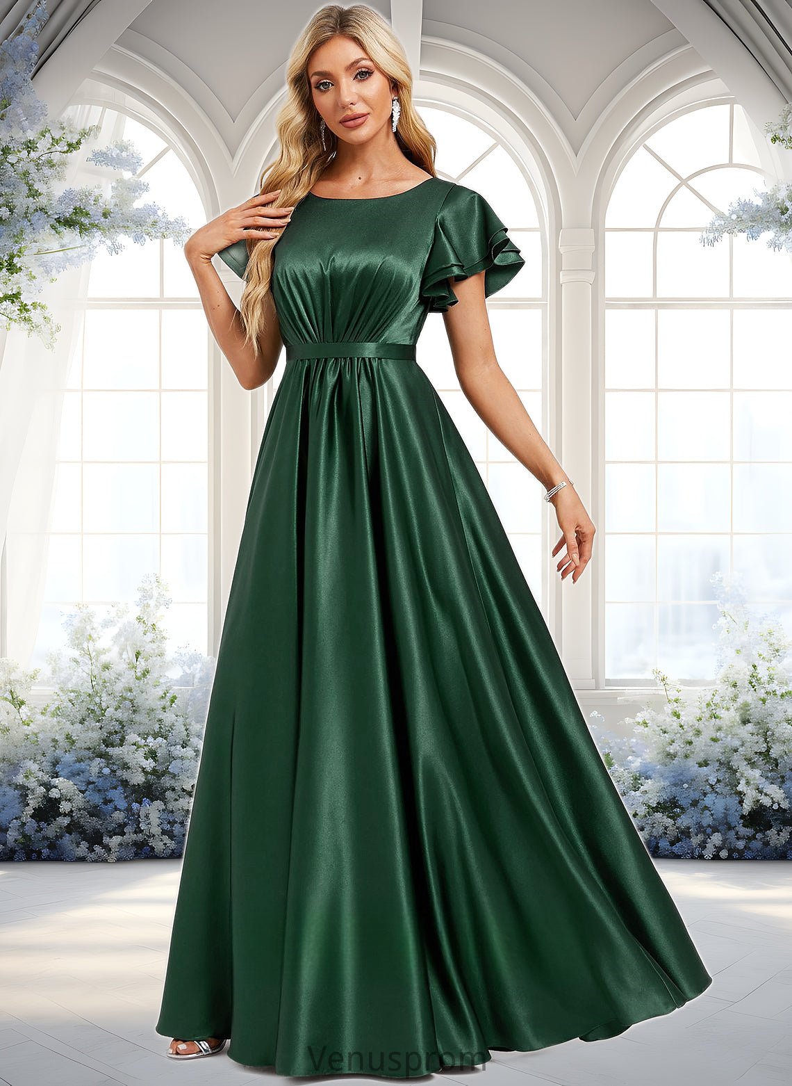 Lyla A-line Scoop Floor-Length Stretch Satin Bridesmaid Dress With Ruffle HQP0025770