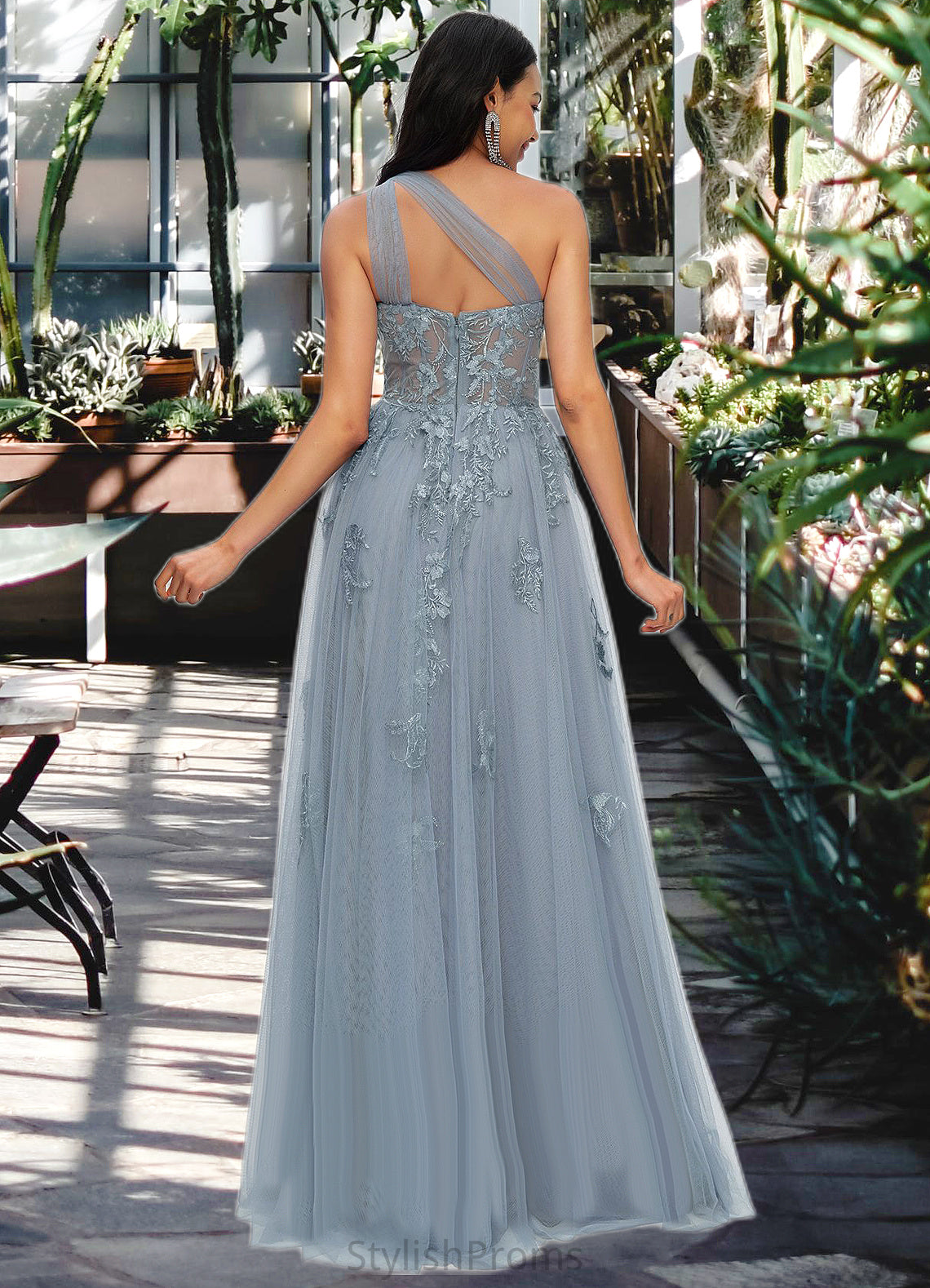 Catherine A-line One Shoulder Floor-Length Tulle Prom Dresses With Appliques Lace Sequins HQP0022200