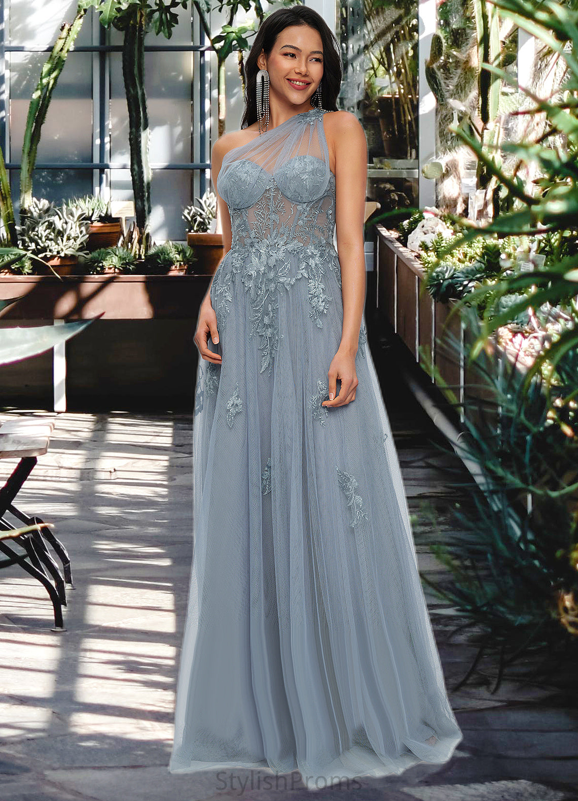 Catherine A-line One Shoulder Floor-Length Tulle Prom Dresses With Appliques Lace Sequins HQP0022200