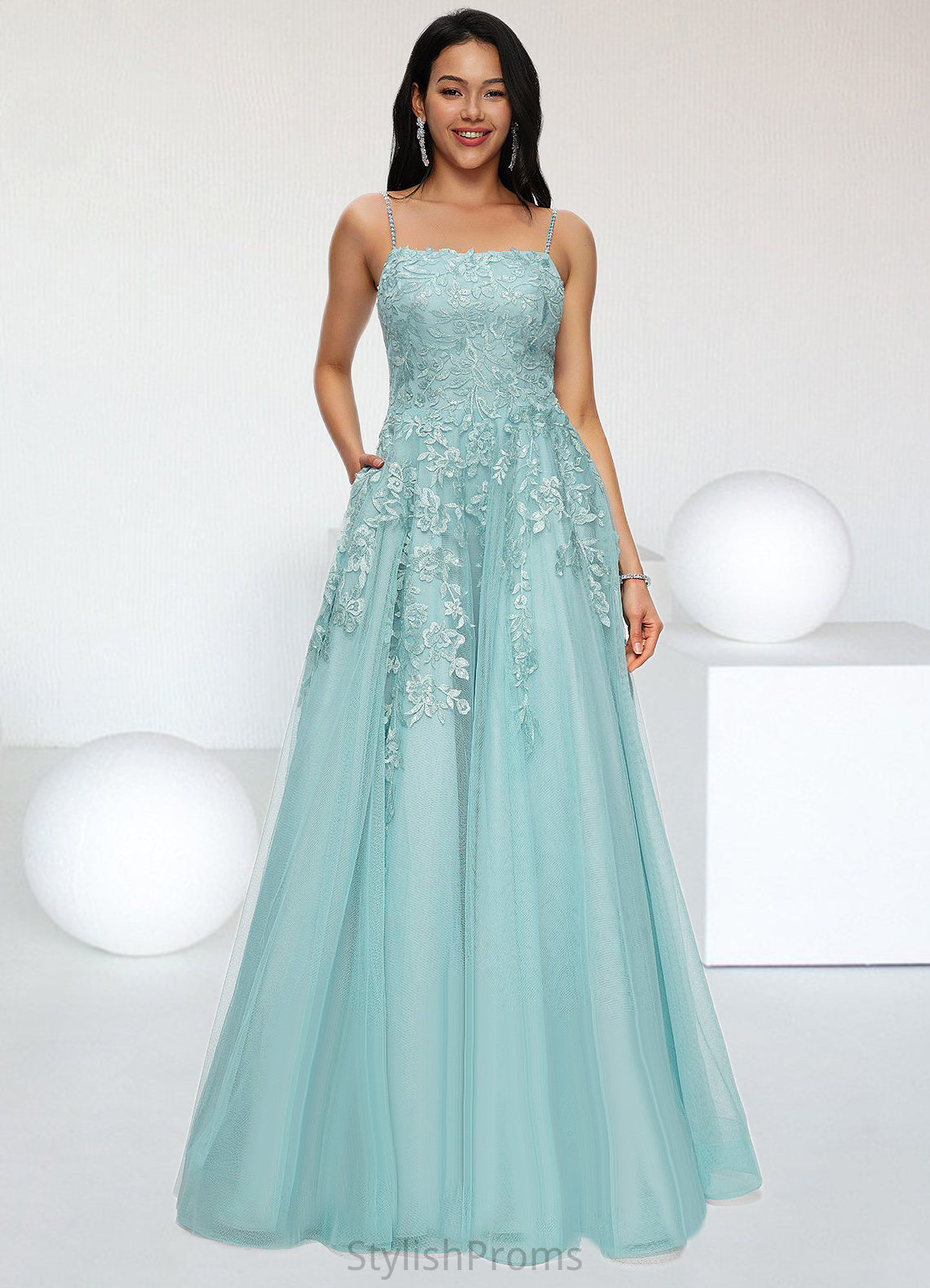 Kali Ball-Gown/Princess Straight Floor-Length Tulle Prom Dresses With Appliques Lace Sequins HQP0022206