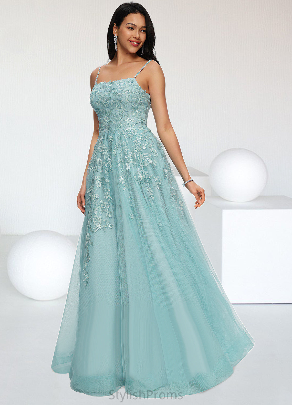 Kali Ball-Gown/Princess Straight Floor-Length Tulle Prom Dresses With Appliques Lace Sequins HQP0022206