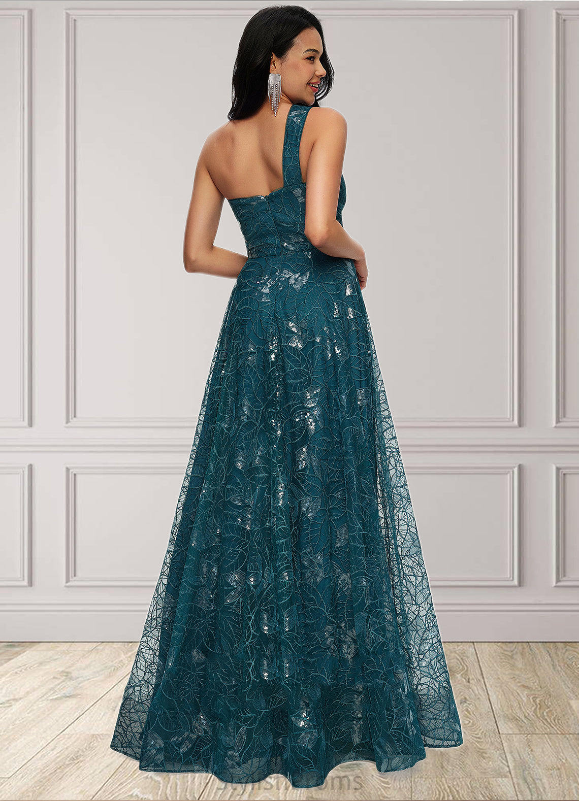 Zoie A-line Asymmetrical Floor-Length Lace Prom Dresses With Sequins HQP0022219